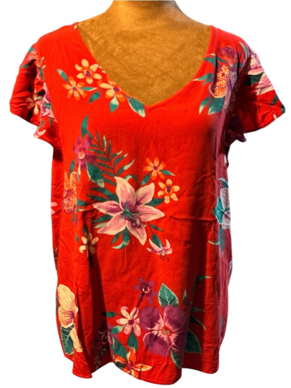 Old Navy Ladies Red Floral Hawaiian V-Neck Rayon Ruffle Sleeves Top Size Large